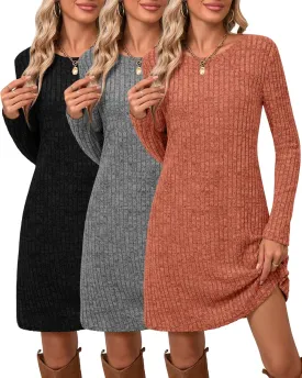 Riyiper 3 Pack Women's Long Sleeve Sweater Tunic Dresses - Loose Fitting Knit Crew Neck for Casual Fall Winter