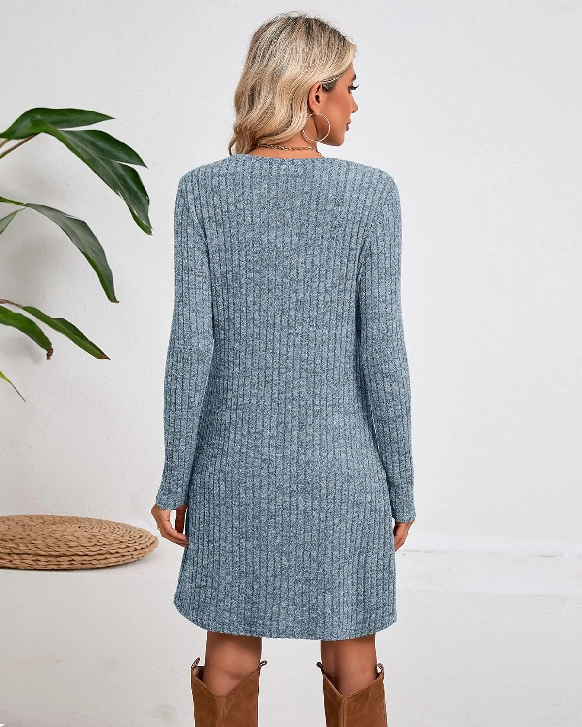 Riyiper 3 Pack Women's Long Sleeve Sweater Tunic Dresses - Loose Fitting Knit Crew Neck for Casual Fall Winter