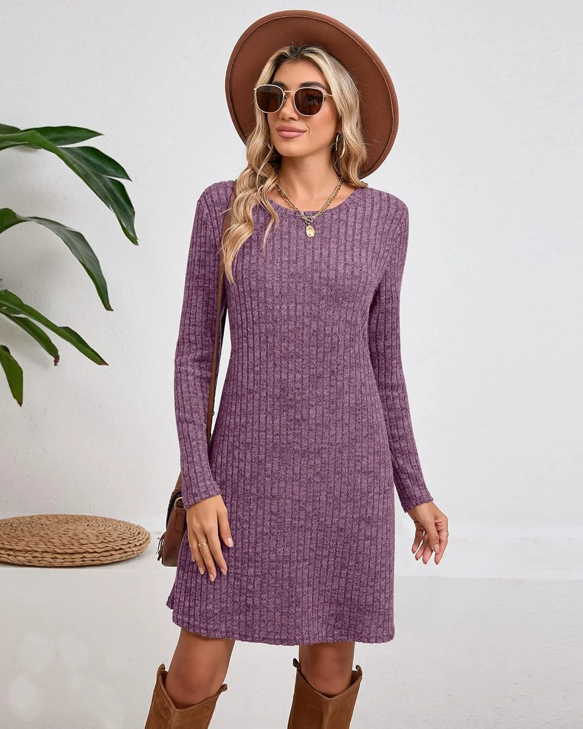 Riyiper 3 Pack Women's Long Sleeve Sweater Tunic Dresses - Loose Fitting Knit Crew Neck for Casual Fall Winter