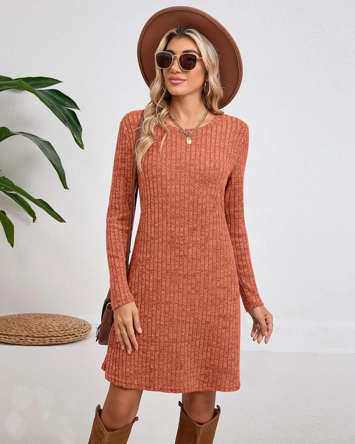 Riyiper 3 Pack Women's Long Sleeve Sweater Tunic Dresses - Loose Fitting Knit Crew Neck for Casual Fall Winter
