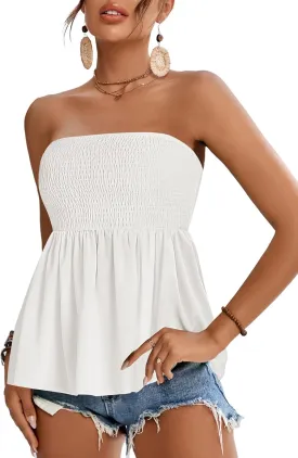Rooscier Women's Smocked Tube Tops Ruffle Hem Sleeveless Peplum Bandeau Strappy Cami Tank
