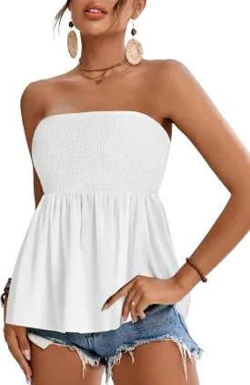 Rooscier Women's Smocked Tube Tops Ruffle Hem Sleeveless Peplum Bandeau Strappy Cami Tank