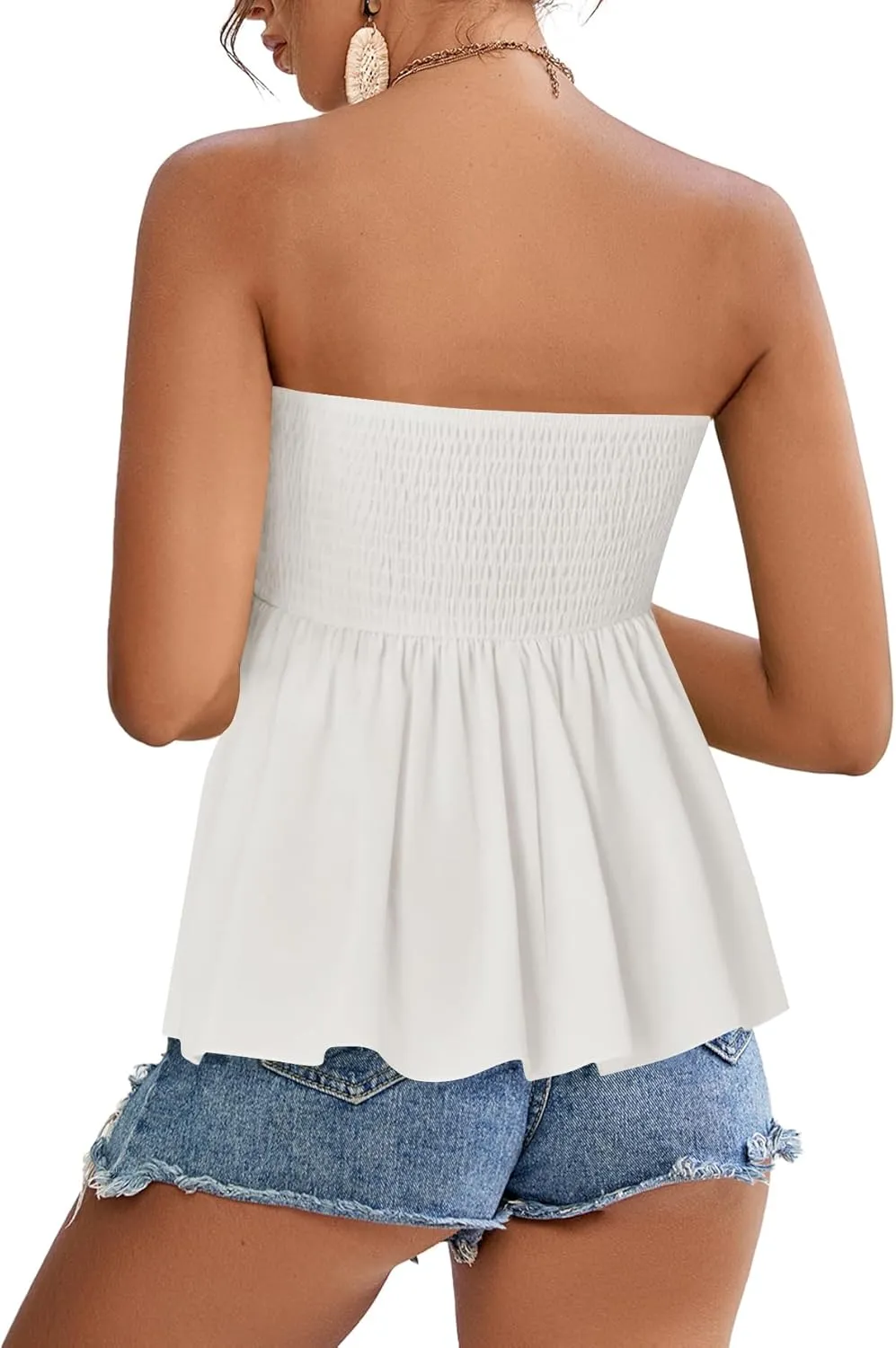 Rooscier Women's Smocked Tube Tops Ruffle Hem Sleeveless Peplum Bandeau Strappy Cami Tank