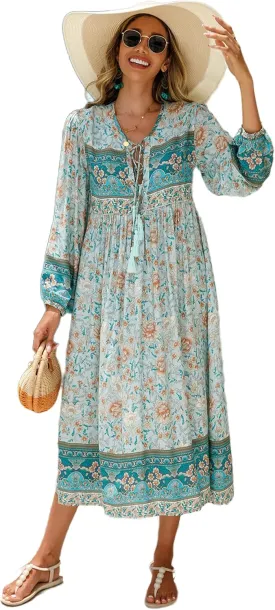 R.Vivimos Women's Long Sleeve Floral Print Retro V Neck Tassel Bohemian Midi Dresses