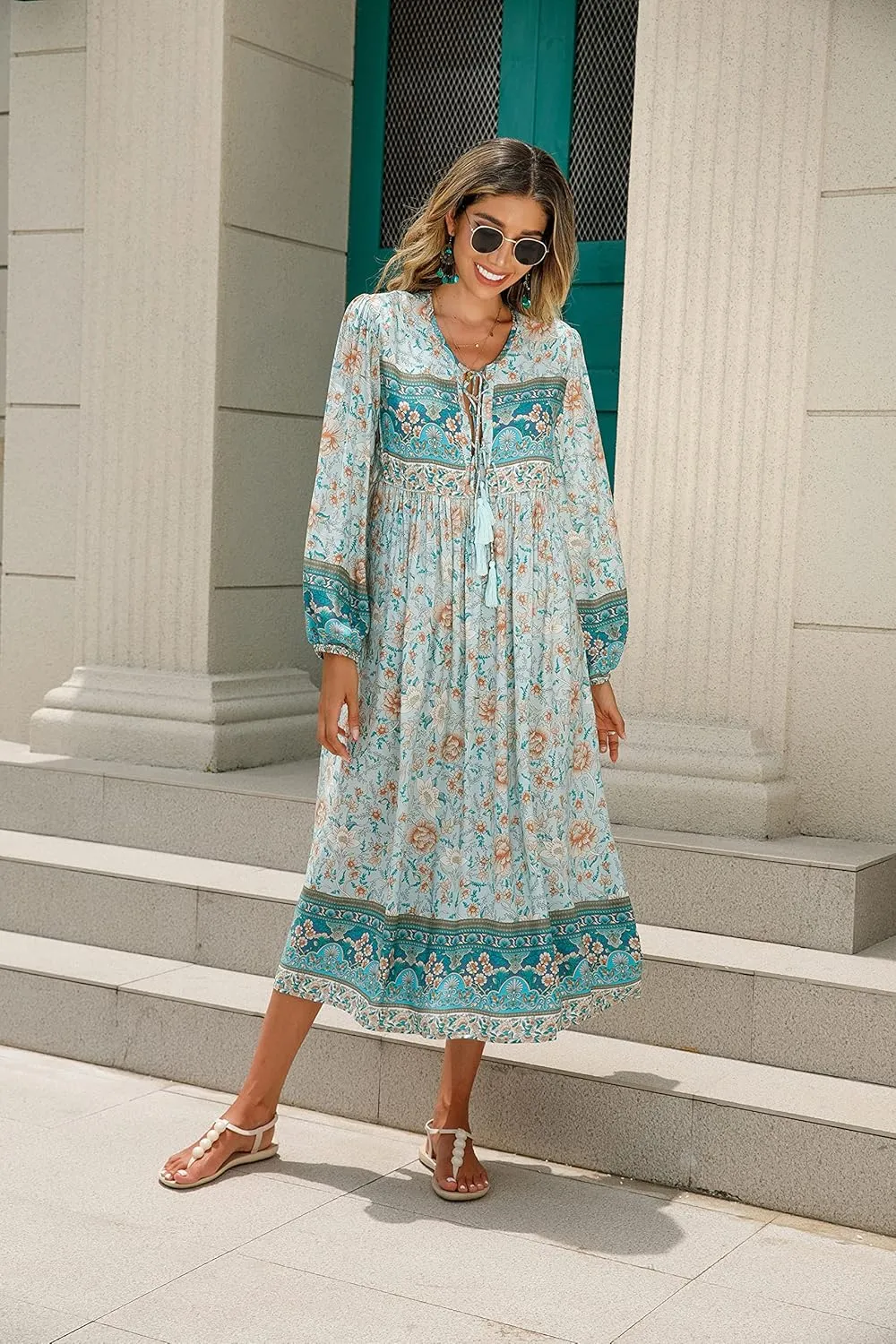 R.Vivimos Women's Long Sleeve Floral Print Retro V Neck Tassel Bohemian Midi Dresses