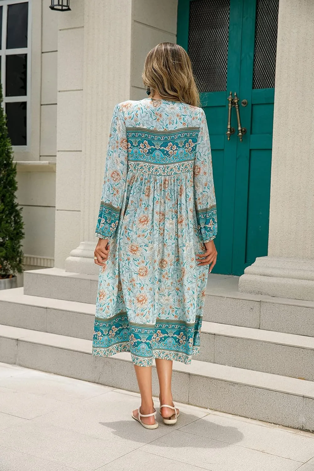 R.Vivimos Women's Long Sleeve Floral Print Retro V Neck Tassel Bohemian Midi Dresses