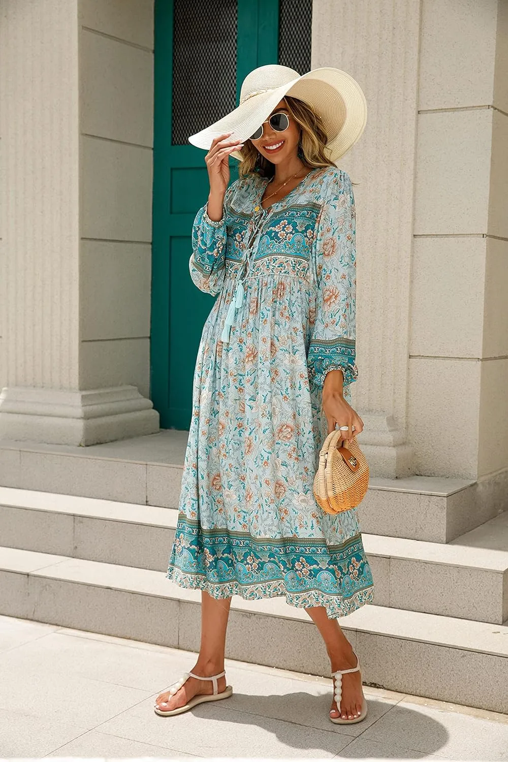 R.Vivimos Women's Long Sleeve Floral Print Retro V Neck Tassel Bohemian Midi Dresses