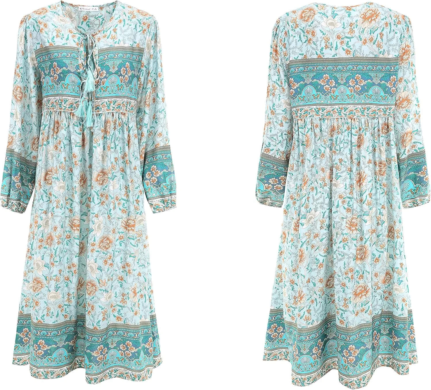 R.Vivimos Women's Long Sleeve Floral Print Retro V Neck Tassel Bohemian Midi Dresses