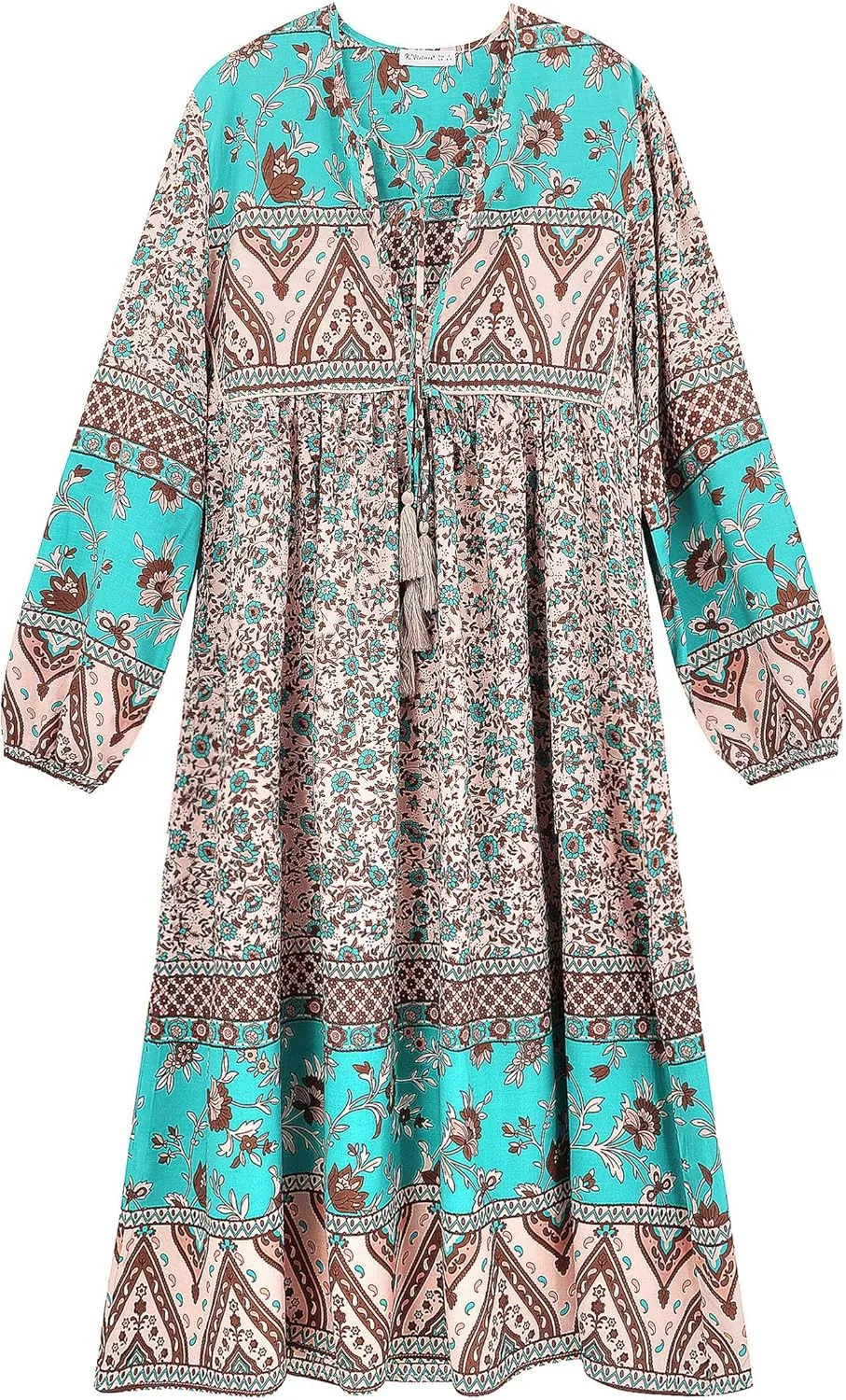 R.Vivimos Women's Long Sleeves Floral Print Retro V Neck Tassel Casual Bohemian Midi Dresses