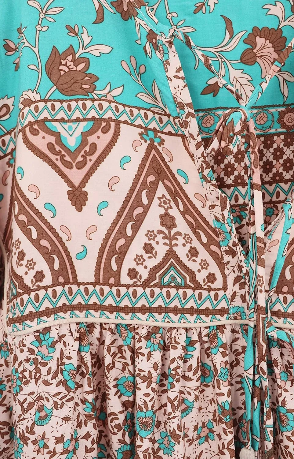 R.Vivimos Women's Long Sleeves Floral Print Retro V Neck Tassel Casual Bohemian Midi Dresses
