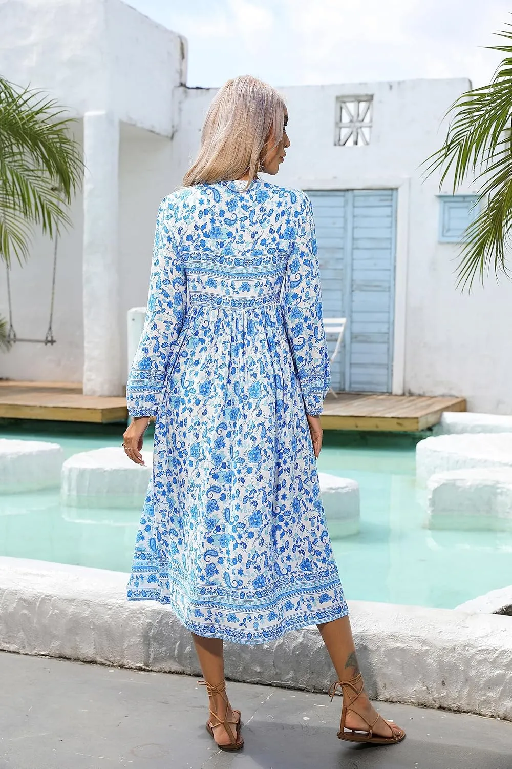 R.Vivimos Women's Long Sleeves Floral Print Retro V Neck Tassel Casual Bohemian Midi Dresses
