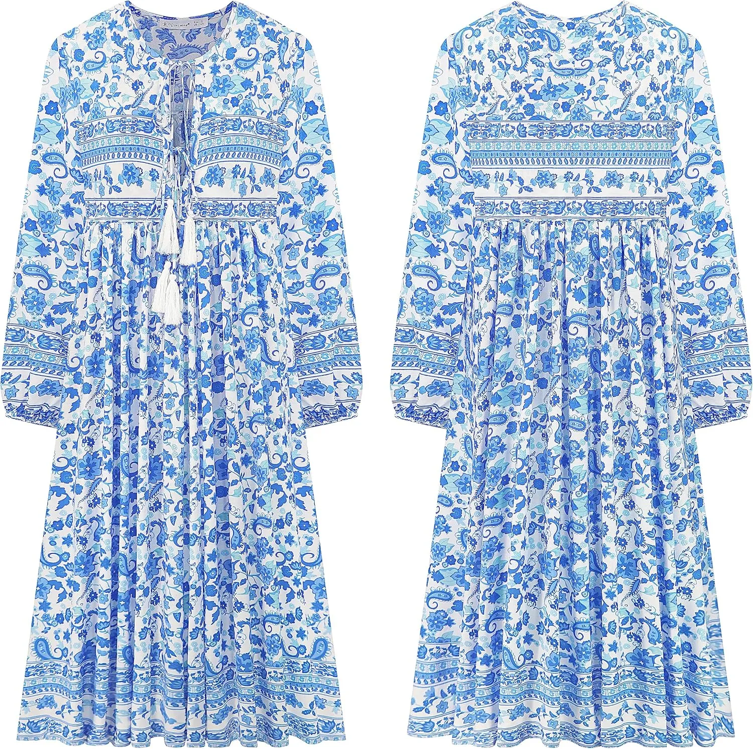 R.Vivimos Women's Long Sleeves Floral Print Retro V Neck Tassel Casual Bohemian Midi Dresses