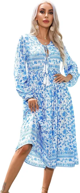 R.Vivimos Women's Long Sleeves Floral Print Retro V Neck Tassel Casual Bohemian Midi Dresses