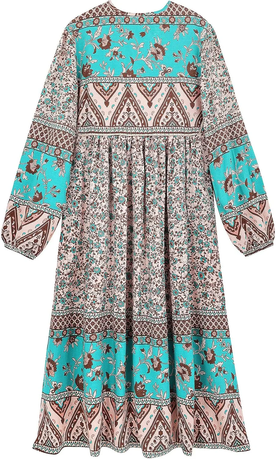 R.Vivimos Women's Long Sleeves Floral Print Retro V Neck Tassel Casual Bohemian Midi Dresses