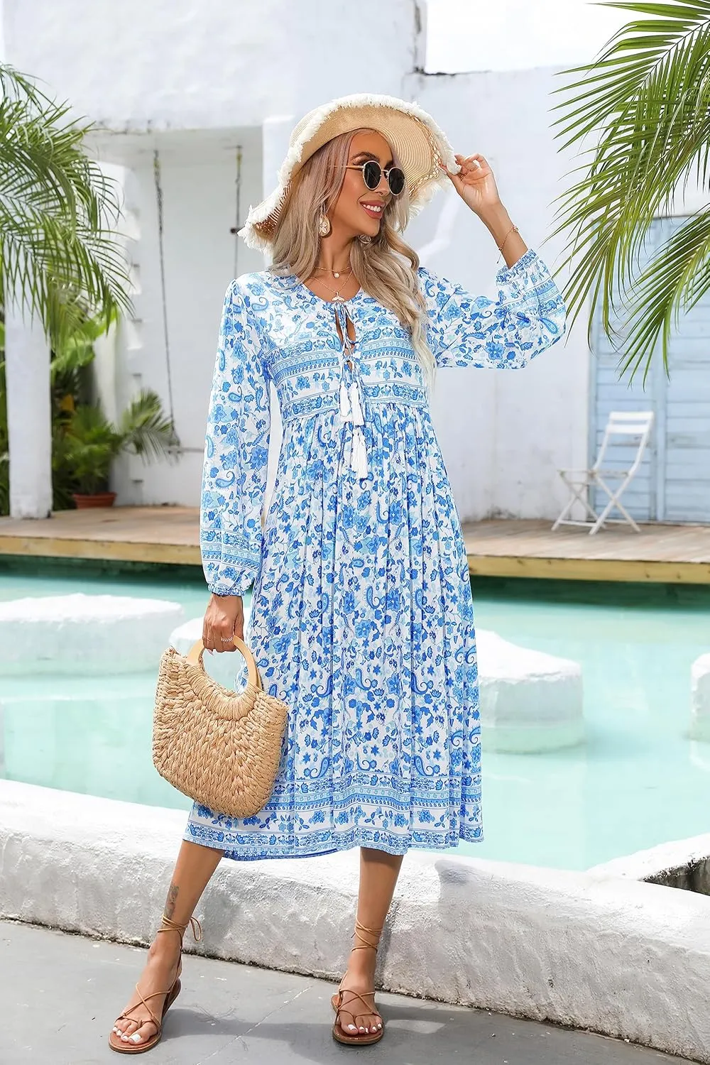 R.Vivimos Women's Long Sleeves Floral Print Retro V Neck Tassel Casual Bohemian Midi Dresses