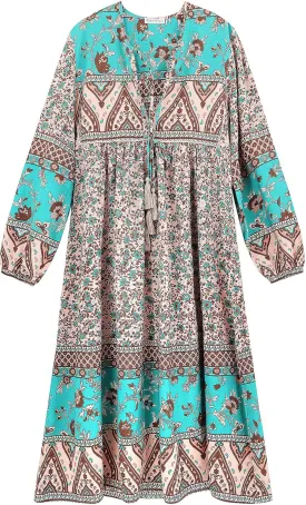 R.Vivimos Women's Long Sleeves Floral Print Retro V Neck Tassel Casual Bohemian Midi Dresses