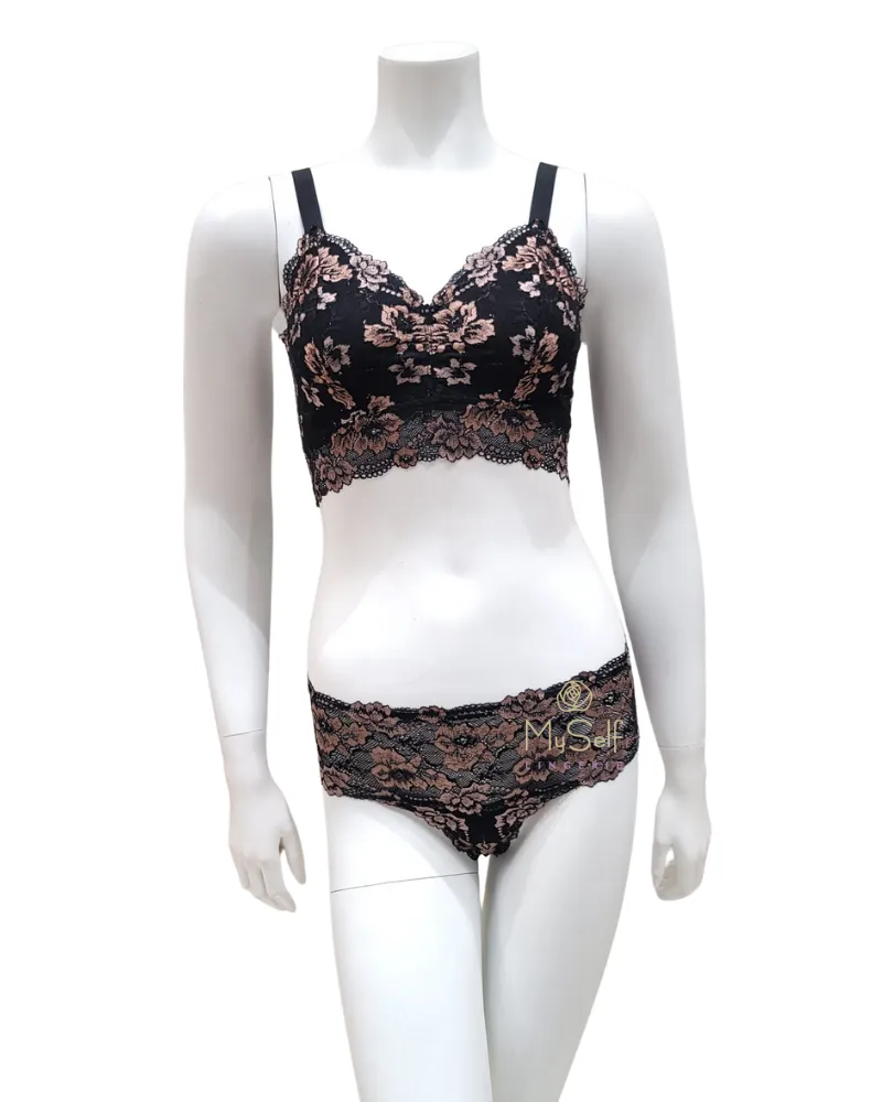 SAVON1382 Savona Black/Mandorla Curvy Longline Bralette Set