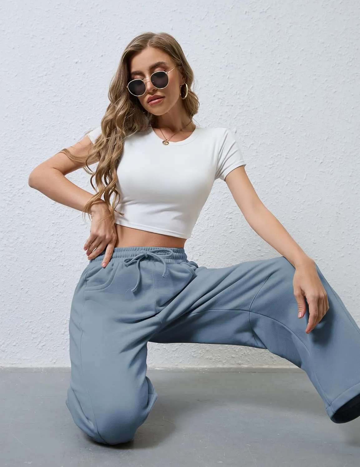 SeekMe Women's Barrel Leg Sweatpant Drawstring Elastic Waisted Wide Leg Pants Casual Cotton Palazzo Trousers with Pockets