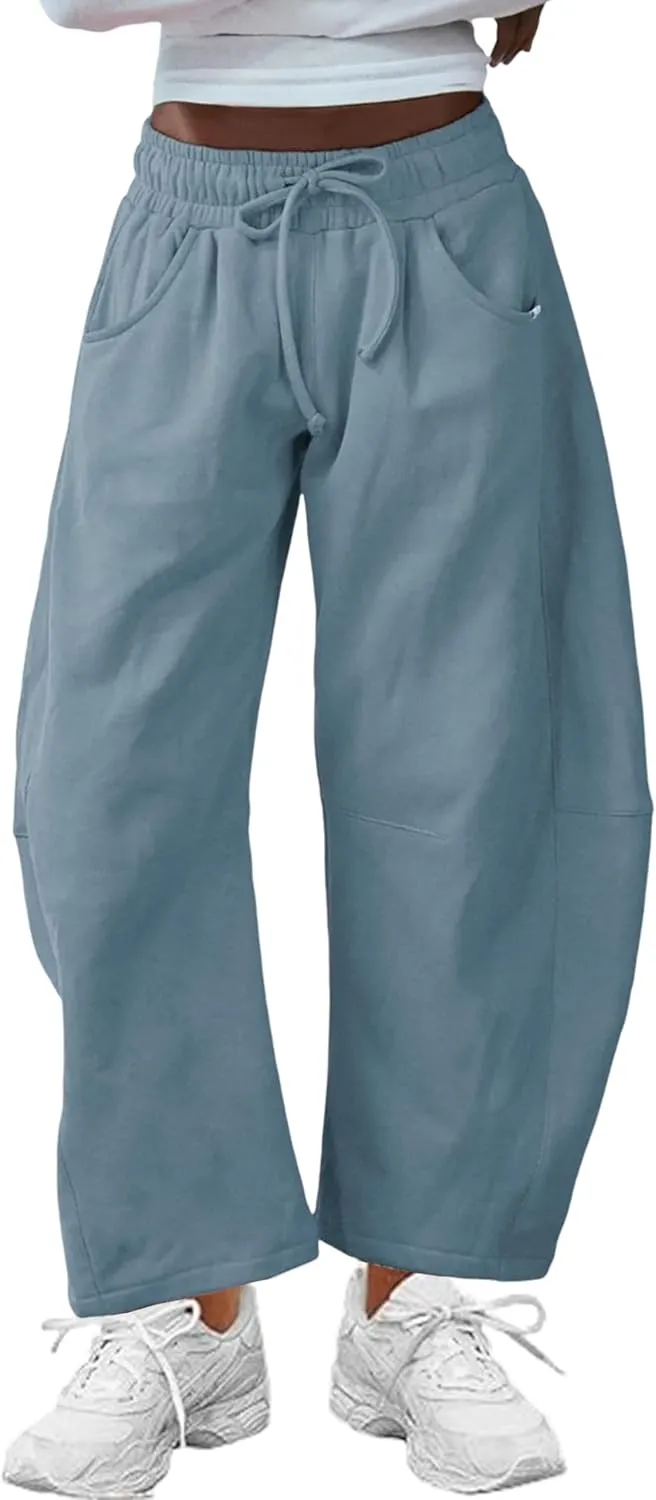 SeekMe Women's Barrel Leg Sweatpant Drawstring Elastic Waisted Wide Leg Pants Casual Cotton Palazzo Trousers with Pockets