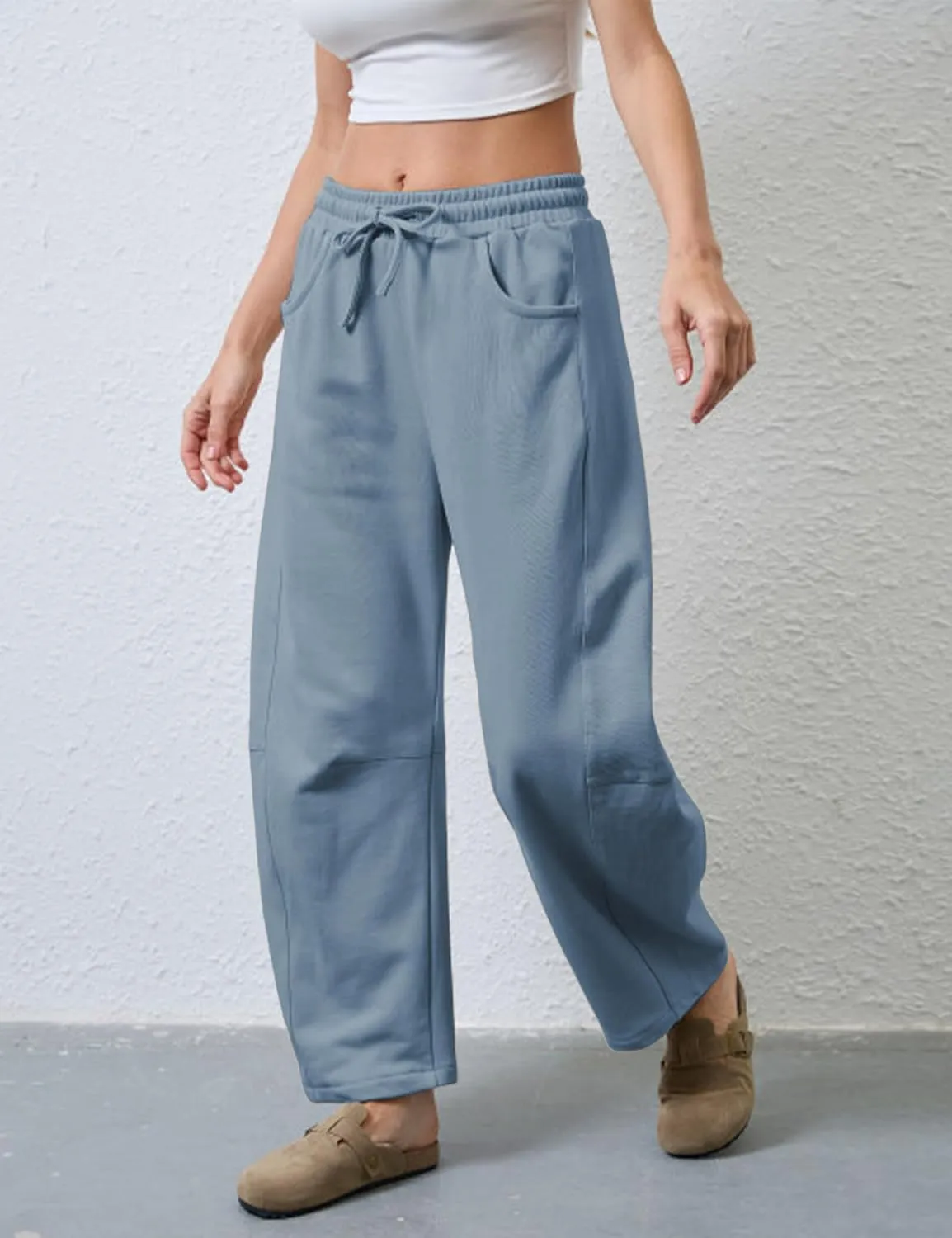 SeekMe Women's Barrel Leg Sweatpant Drawstring Elastic Waisted Wide Leg Pants Casual Cotton Palazzo Trousers with Pockets