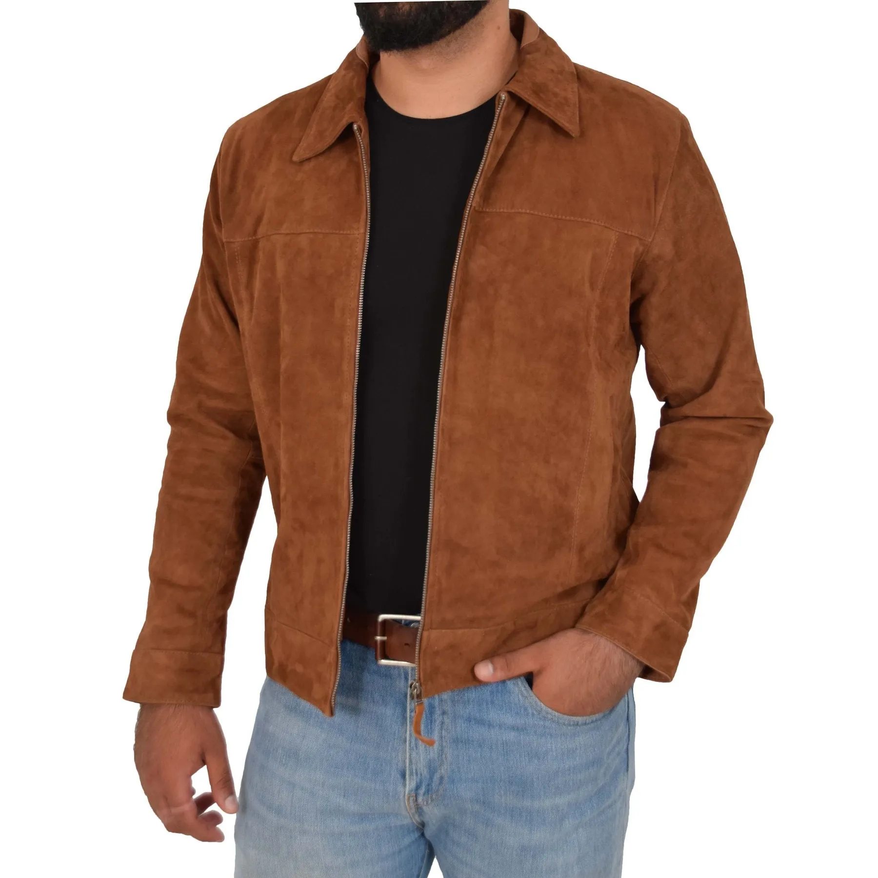 Spine Spark Men Brown Soft Suede Leather Zip Up Fashion Jacket