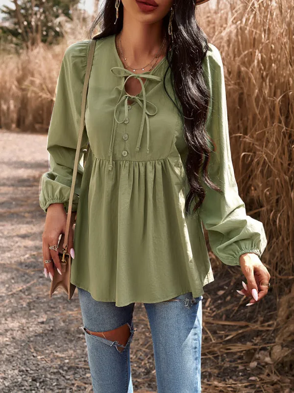 Textured Cotton Lantern Sleeve V-Neck Peplum Blouse