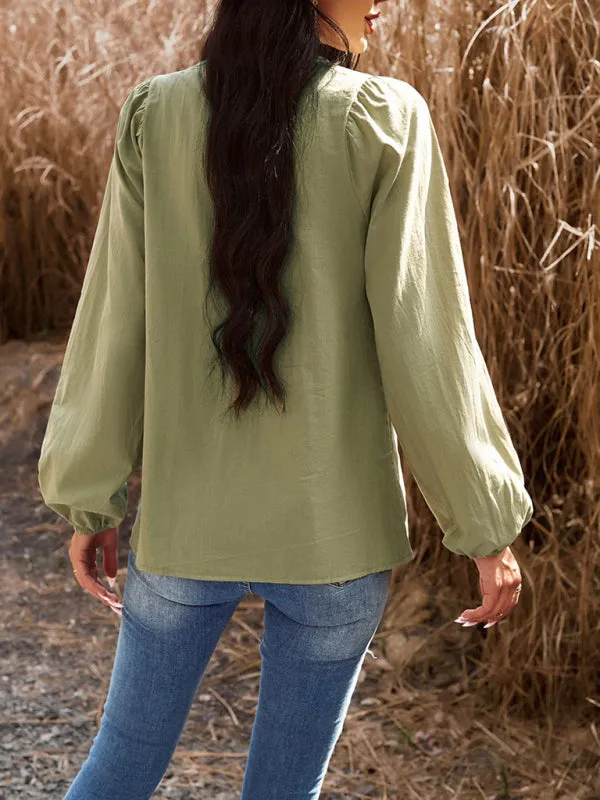 Textured Cotton Lantern Sleeve V-Neck Peplum Blouse