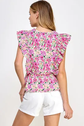 Viviana V-NECK FLOWER PRINT SMOCKING PEPLUM TOP: MAGENTA MULTI