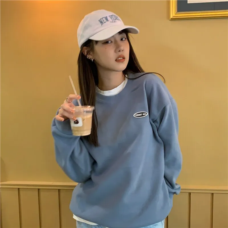 Wjczt New Fleece Hoodie O-Neck Casual Women's Hoodies Simple Long-Sleeved Pullover Sweatshirt College Solid Color Harajuku Top