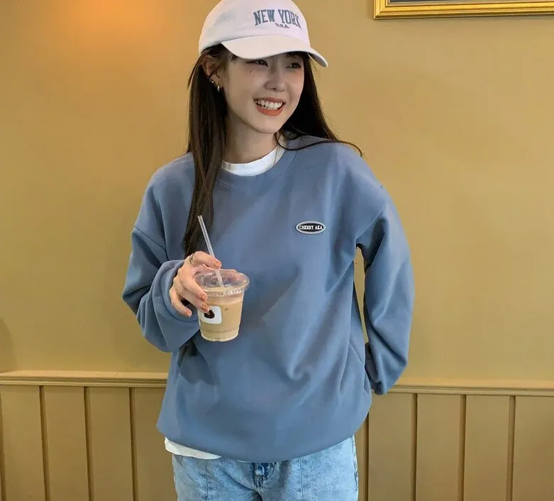 Wjczt New Fleece Hoodie O-Neck Casual Women's Hoodies Simple Long-Sleeved Pullover Sweatshirt College Solid Color Harajuku Top