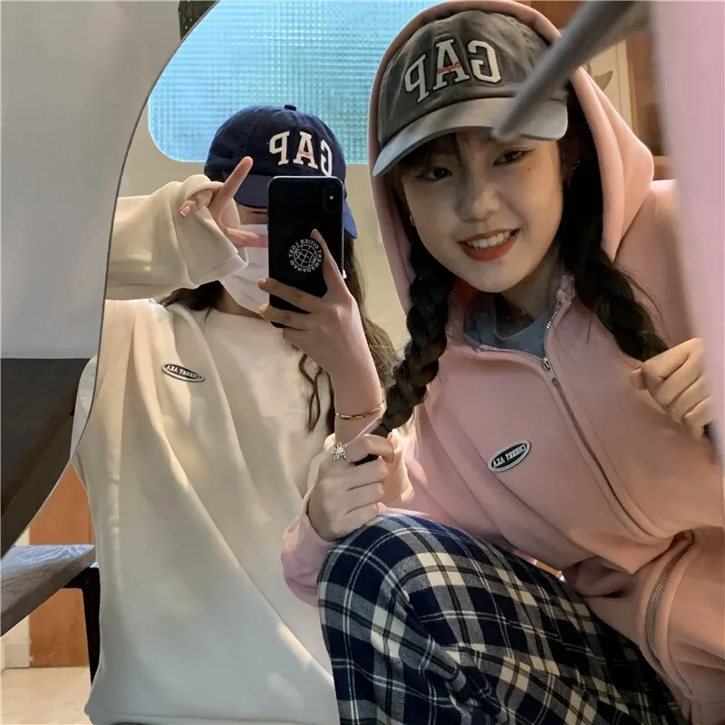 Wjczt New Fleece Hoodie O-Neck Casual Women's Hoodies Simple Long-Sleeved Pullover Sweatshirt College Solid Color Harajuku Top