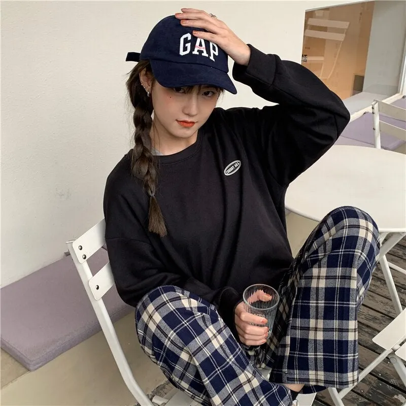 Wjczt New Fleece Hoodie O-Neck Casual Women's Hoodies Simple Long-Sleeved Pullover Sweatshirt College Solid Color Harajuku Top