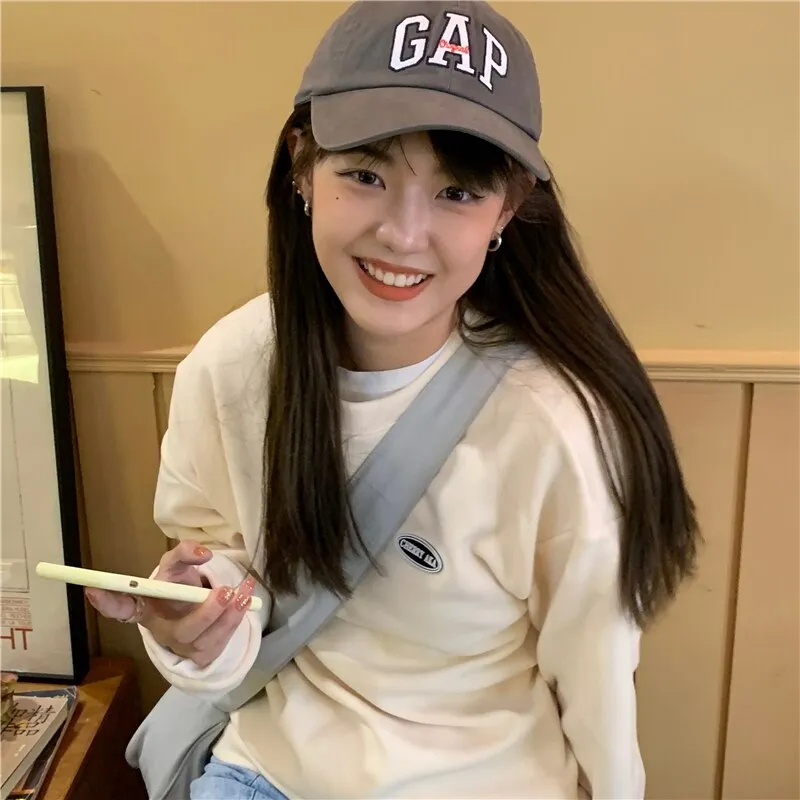 Wjczt New Fleece Hoodie O-Neck Casual Women's Hoodies Simple Long-Sleeved Pullover Sweatshirt College Solid Color Harajuku Top