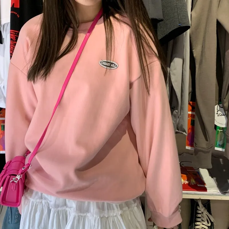 Wjczt New Fleece Hoodie O-Neck Casual Women's Hoodies Simple Long-Sleeved Pullover Sweatshirt College Solid Color Harajuku Top