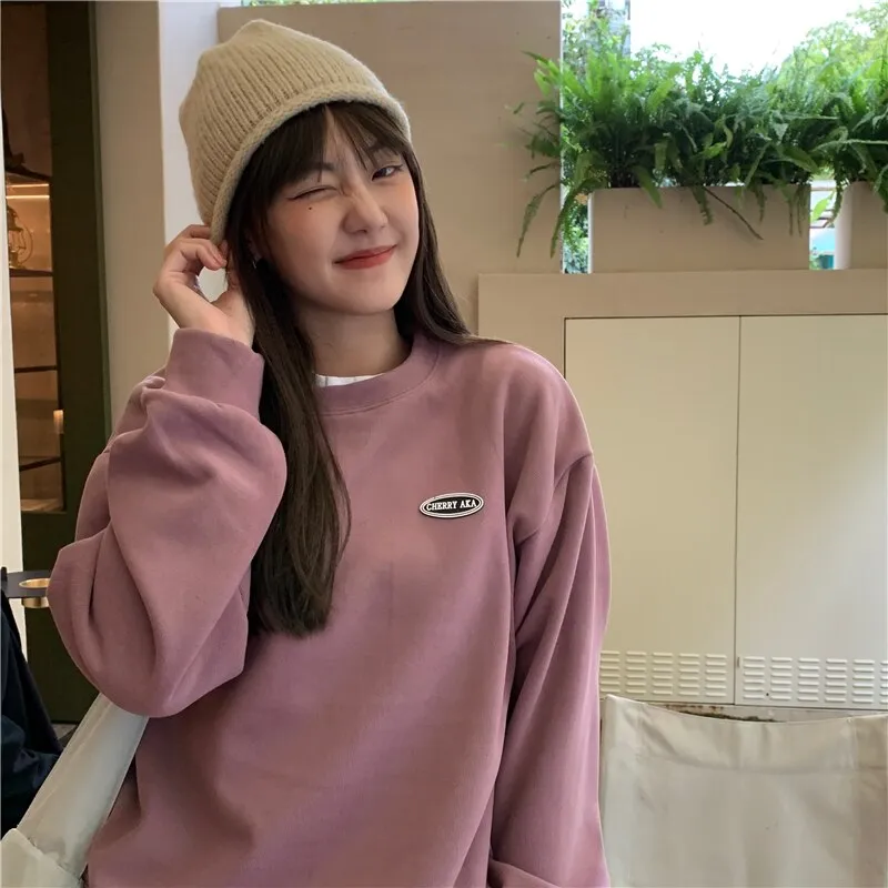 Wjczt New Fleece Hoodie O-Neck Casual Women's Hoodies Simple Long-Sleeved Pullover Sweatshirt College Solid Color Harajuku Top