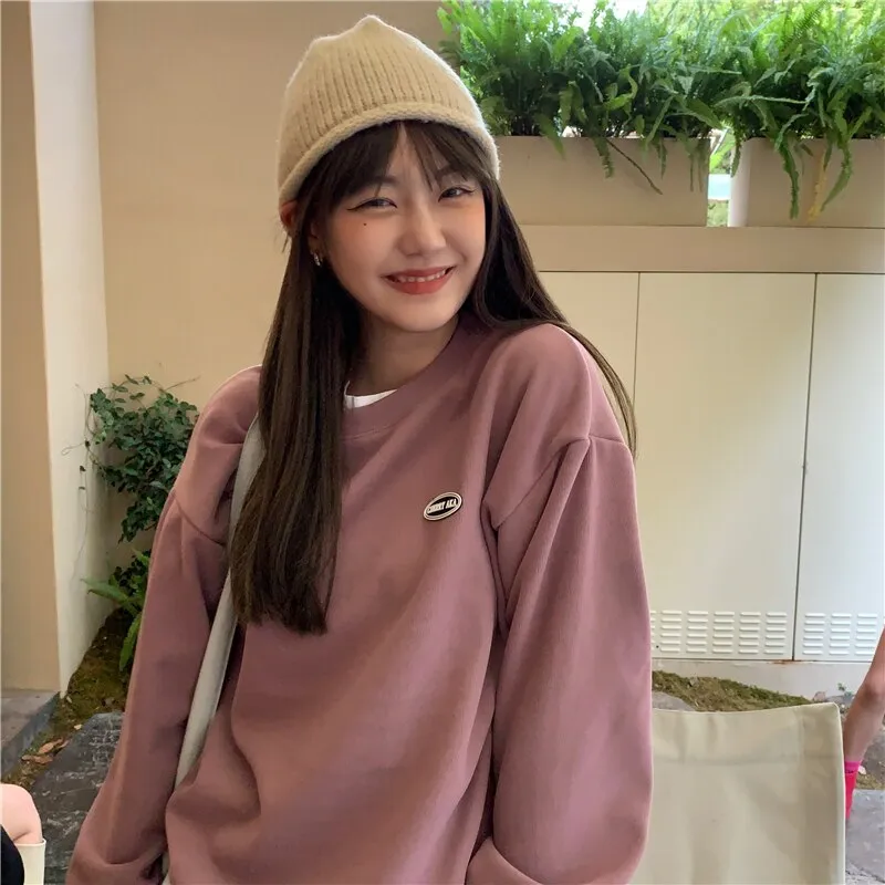 Wjczt New Fleece Hoodie O-Neck Casual Women's Hoodies Simple Long-Sleeved Pullover Sweatshirt College Solid Color Harajuku Top