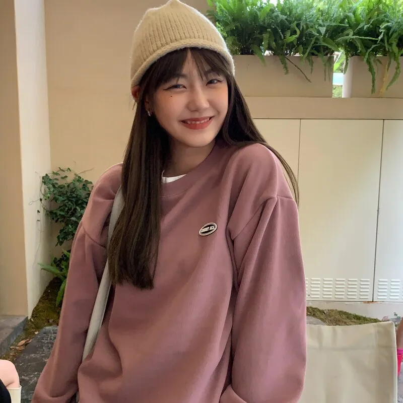 Wjczt New Fleece Hoodie O-Neck Casual Women's Hoodies Simple Long-Sleeved Pullover Sweatshirt College Solid Color Harajuku Top