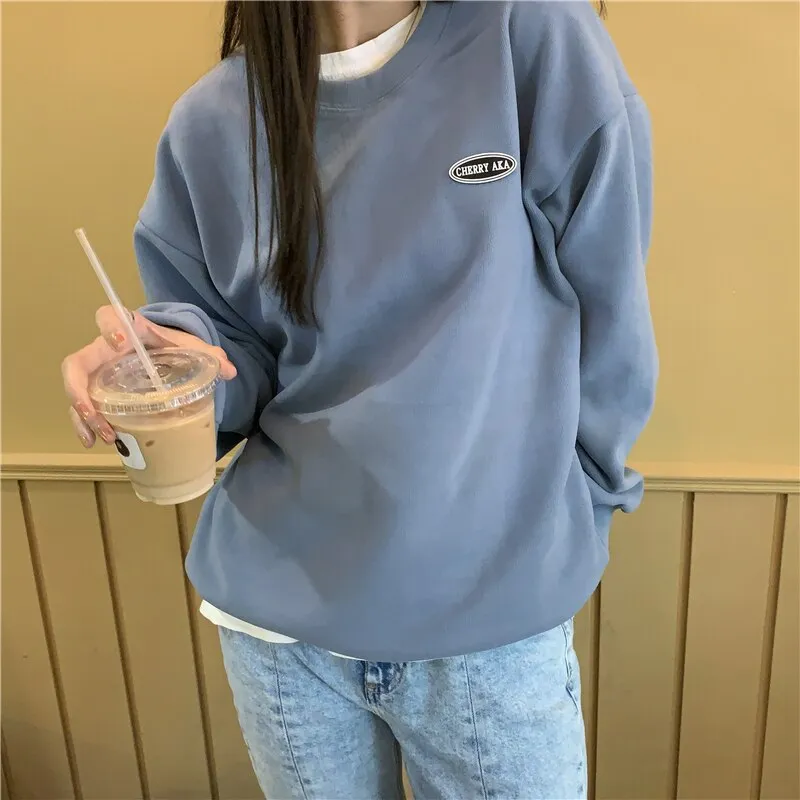 Wjczt New Fleece Hoodie O-Neck Casual Women's Hoodies Simple Long-Sleeved Pullover Sweatshirt College Solid Color Harajuku Top