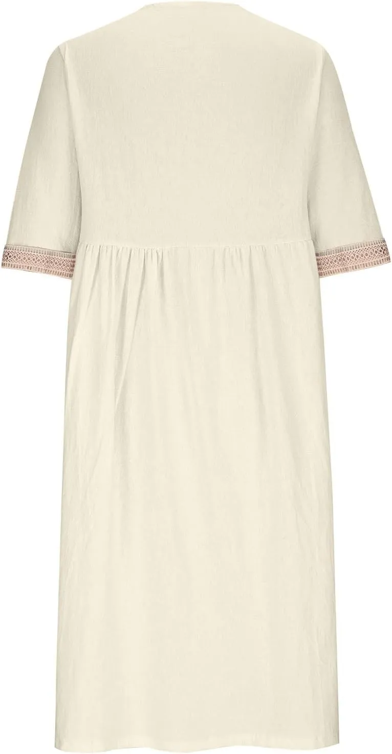 Women Cotton Linen Dress Hollow V Neck 3/4 Sleeve Casual Midi Dresses High Waist Pleated Flowy Spring Summer Dresses