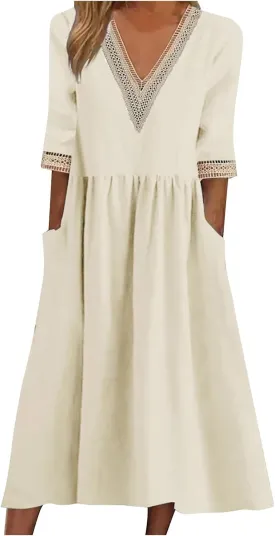 Women Cotton Linen Dress Hollow V Neck 3/4 Sleeve Casual Midi Dresses High Waist Pleated Flowy Spring Summer Dresses