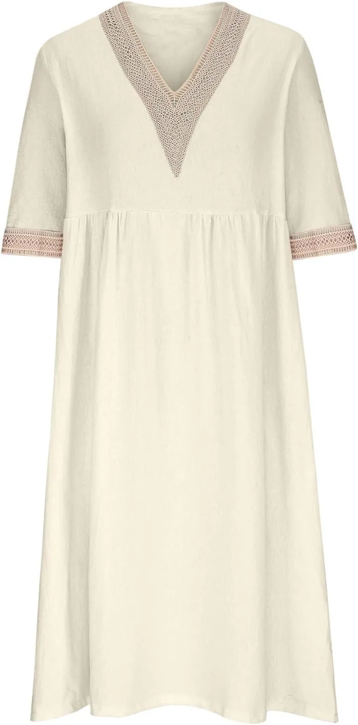 Women Cotton Linen Dress Hollow V Neck 3/4 Sleeve Casual Midi Dresses High Waist Pleated Flowy Spring Summer Dresses