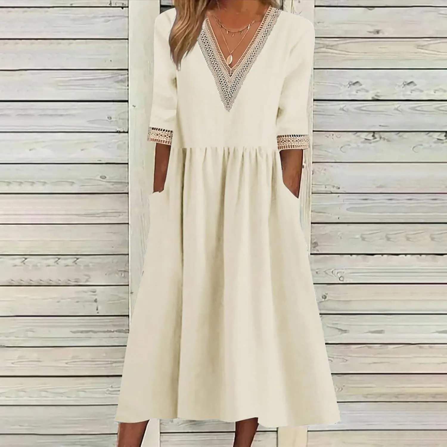 Women Cotton Linen Dress Hollow V Neck 3/4 Sleeve Casual Midi Dresses High Waist Pleated Flowy Spring Summer Dresses
