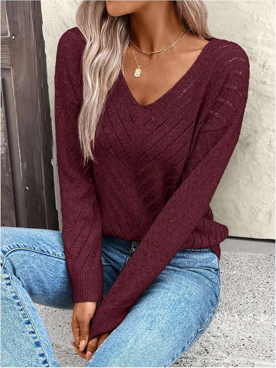 Women's Hollow Out Pullover Sweaters Vintage Lightweight V Neck Long Sleeve Oversize Knit Tops