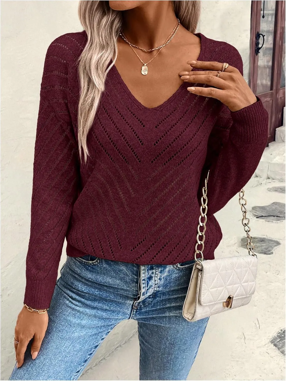 Women's Hollow Out Pullover Sweaters Vintage Lightweight V Neck Long Sleeve Oversize Knit Tops
