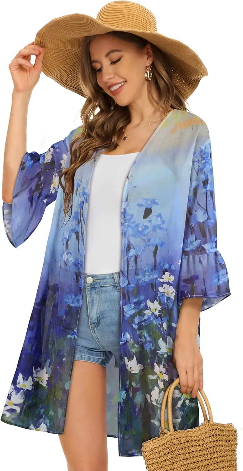 Women's Kimono Cardigans Floral Chiffon Loose Open Front Casual Summer Tops