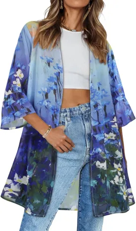 Women's Kimono Cardigans Floral Chiffon Loose Open Front Casual Summer Tops