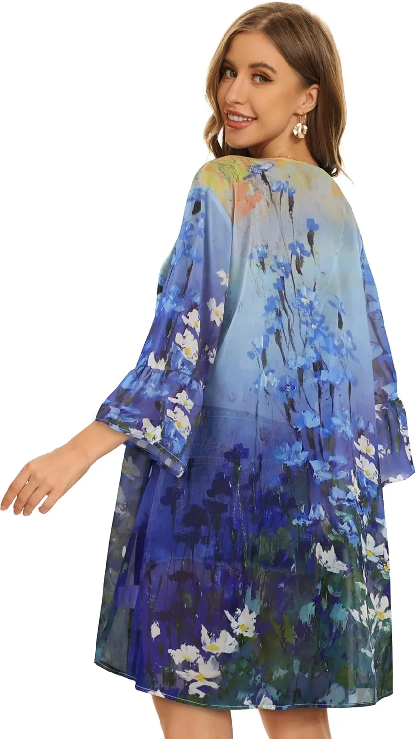Women's Kimono Cardigans Floral Chiffon Loose Open Front Casual Summer Tops