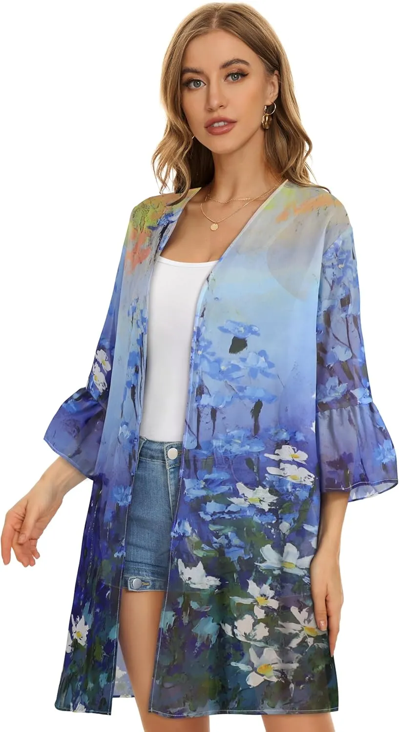 Women's Kimono Cardigans Floral Chiffon Loose Open Front Casual Summer Tops