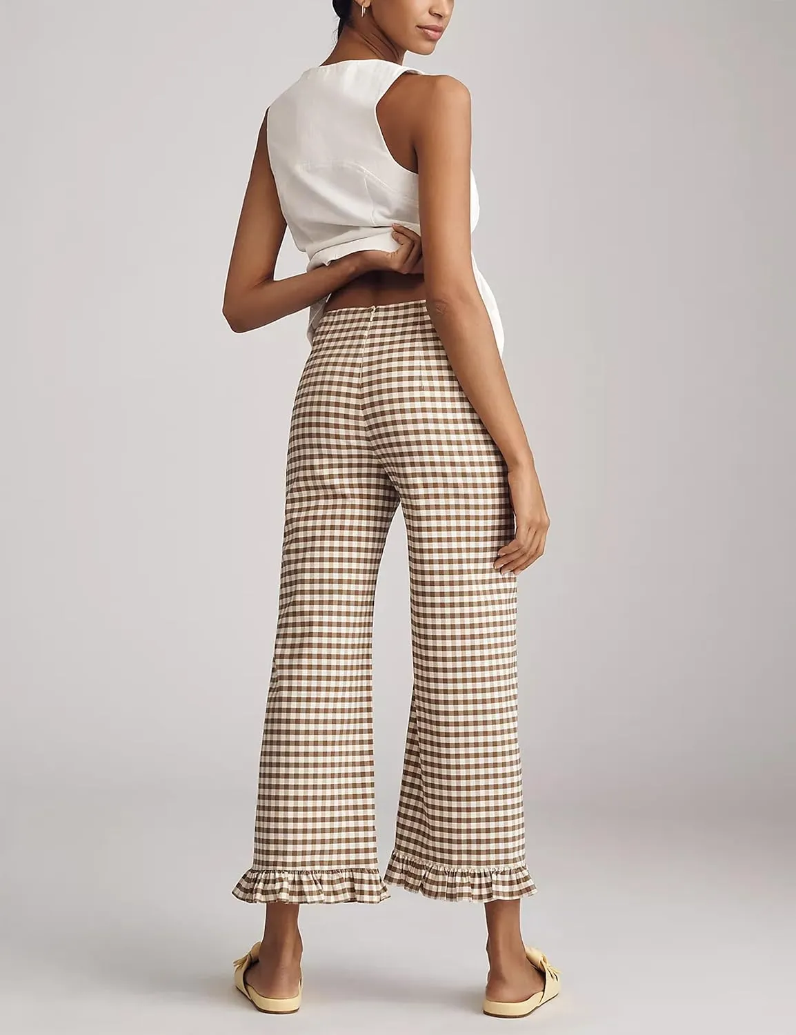 Women's Plaid Flare Pants Summer Casual Gingham Elastic Waist Ruffle Cropped Hem Y2K Loose Fit Trousers with Pockets