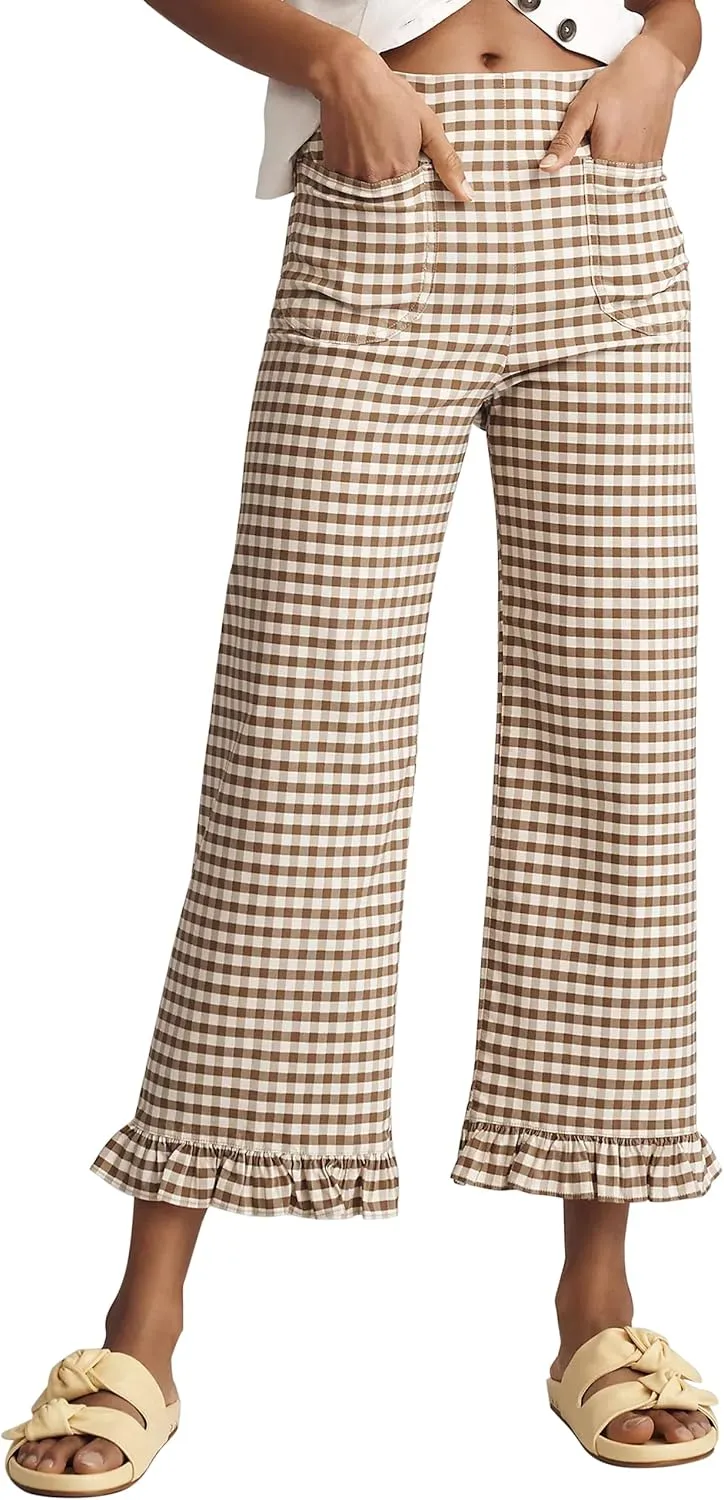 Women's Plaid Flare Pants Summer Casual Gingham Elastic Waist Ruffle Cropped Hem Y2K Loose Fit Trousers with Pockets